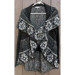 SIONI Women's BOHO Open Cardigan Sweater Black White Furry Size S/M